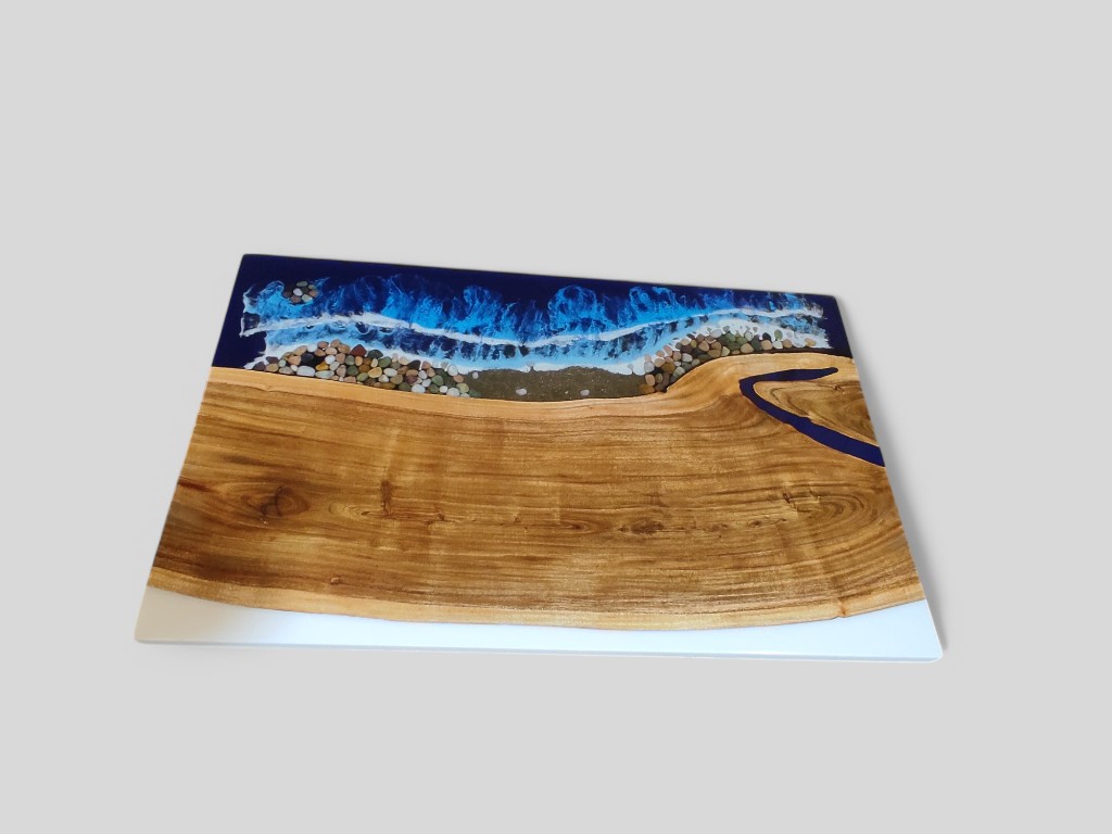 White & Blue Ocean-Inspired Epoxy Resin Acacia Wood Dining Table Custom Made